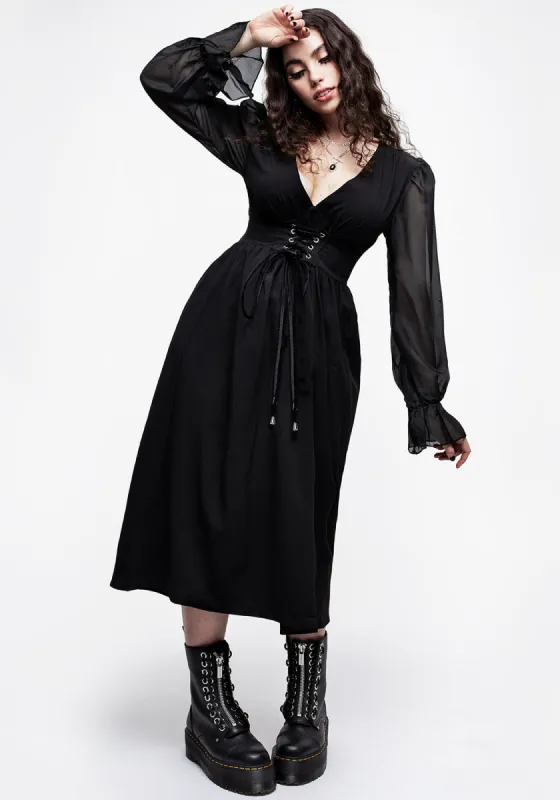 Banished Lace Up Sheer Sleeve Midi Dress sold by Disturbia