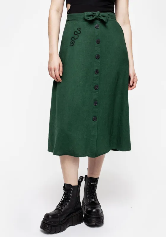 Basilisk Green Linen Blend Button Up Midi Skirt sold by Disturbia
