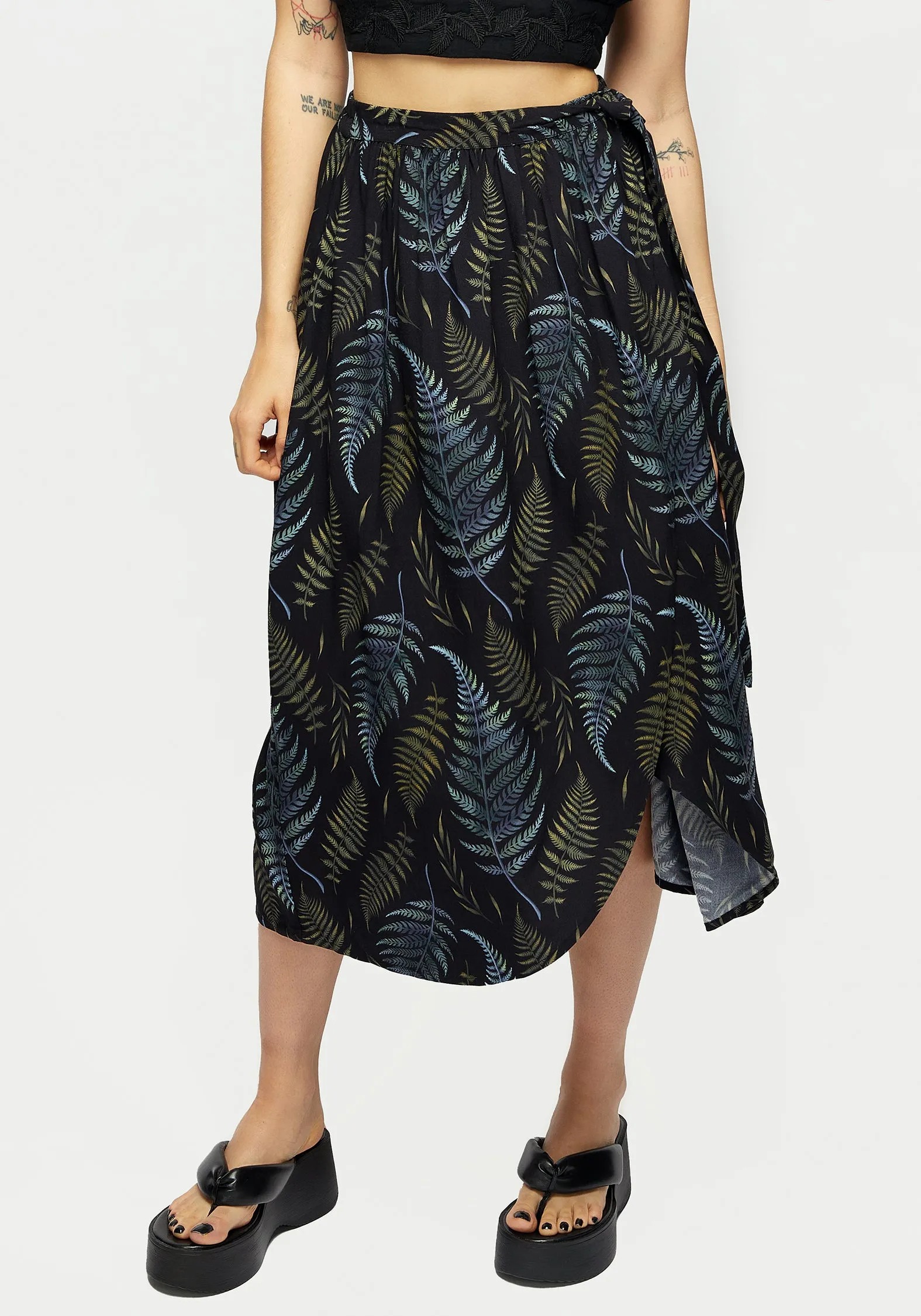 Frond Print Faux Wrap Skirt sold by Disturbia