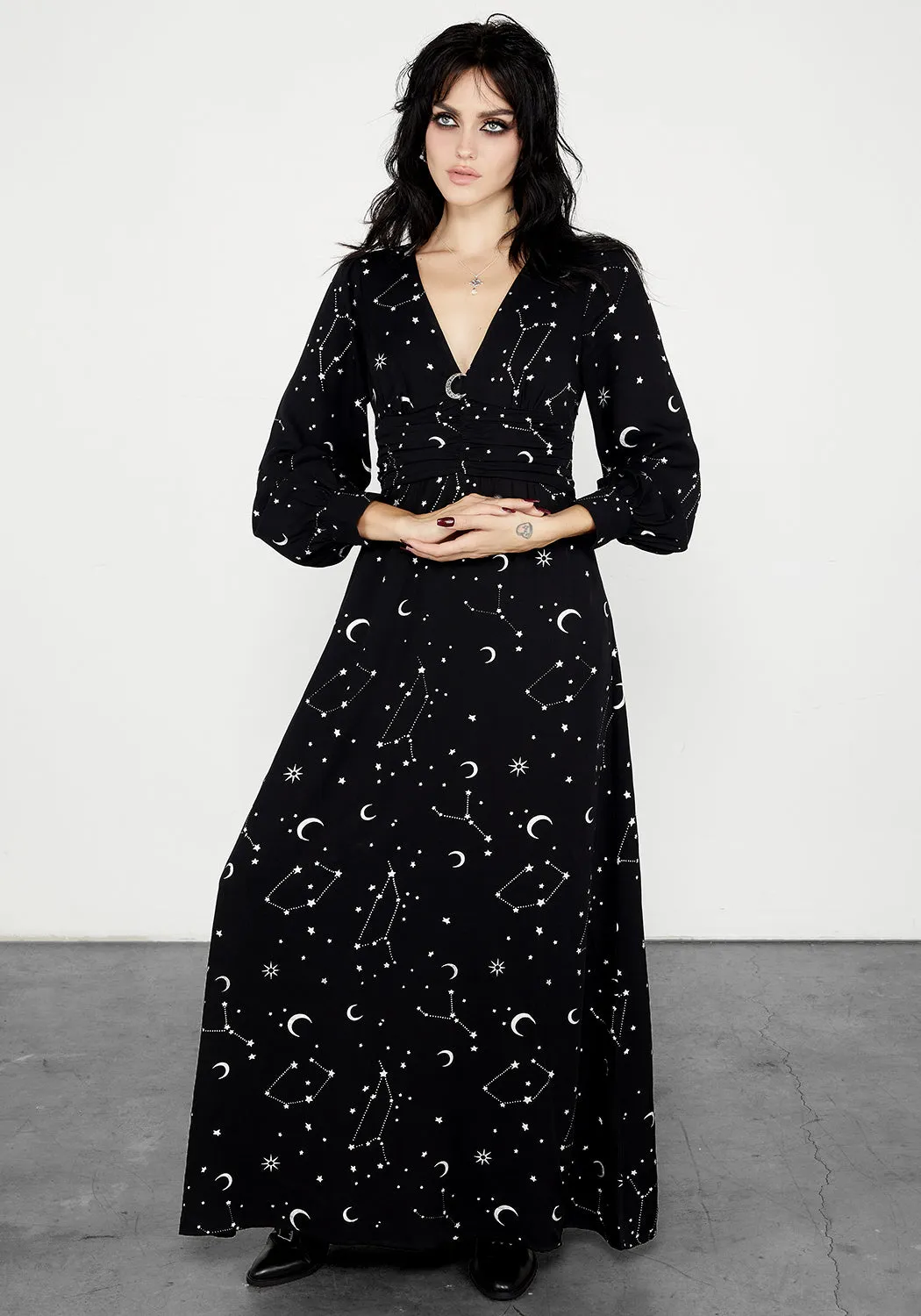 Silver Celestial Print Gathered Maxi Dress sold by Disturbia