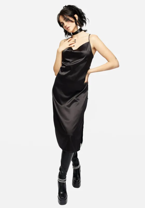 Medeina Cowl Neck Satin Midi Slip Dress - Midnight Black sold by Disturbia