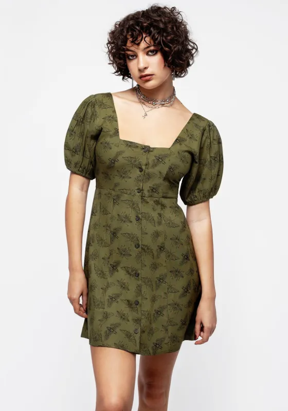 Mortmoth Print Puff Sleeve Mini Dress - Green sold by Disturbia