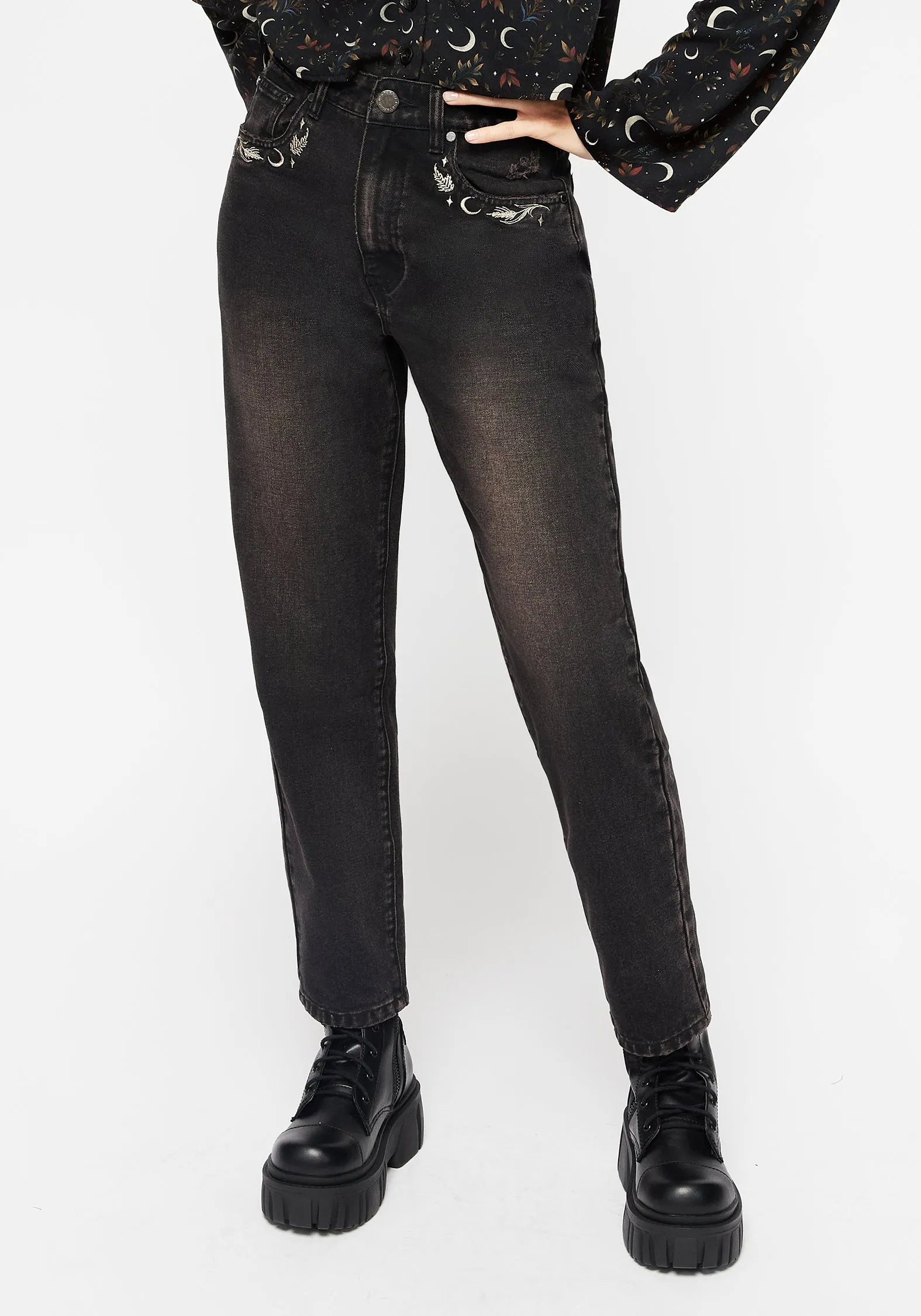 Abundia Embroidered Mom Jeans sold by Disturbia