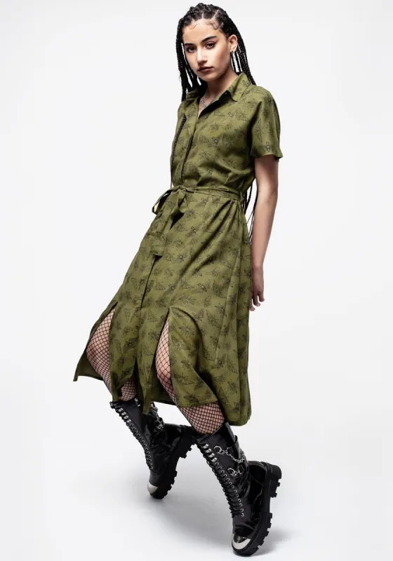 Mortmoth Print Midi Shirt Dress - Green sold by Disturbia