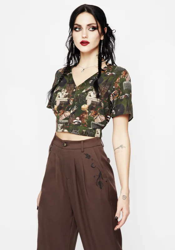 Maleficium Printed Button Up Crop Top sold by Disturbia