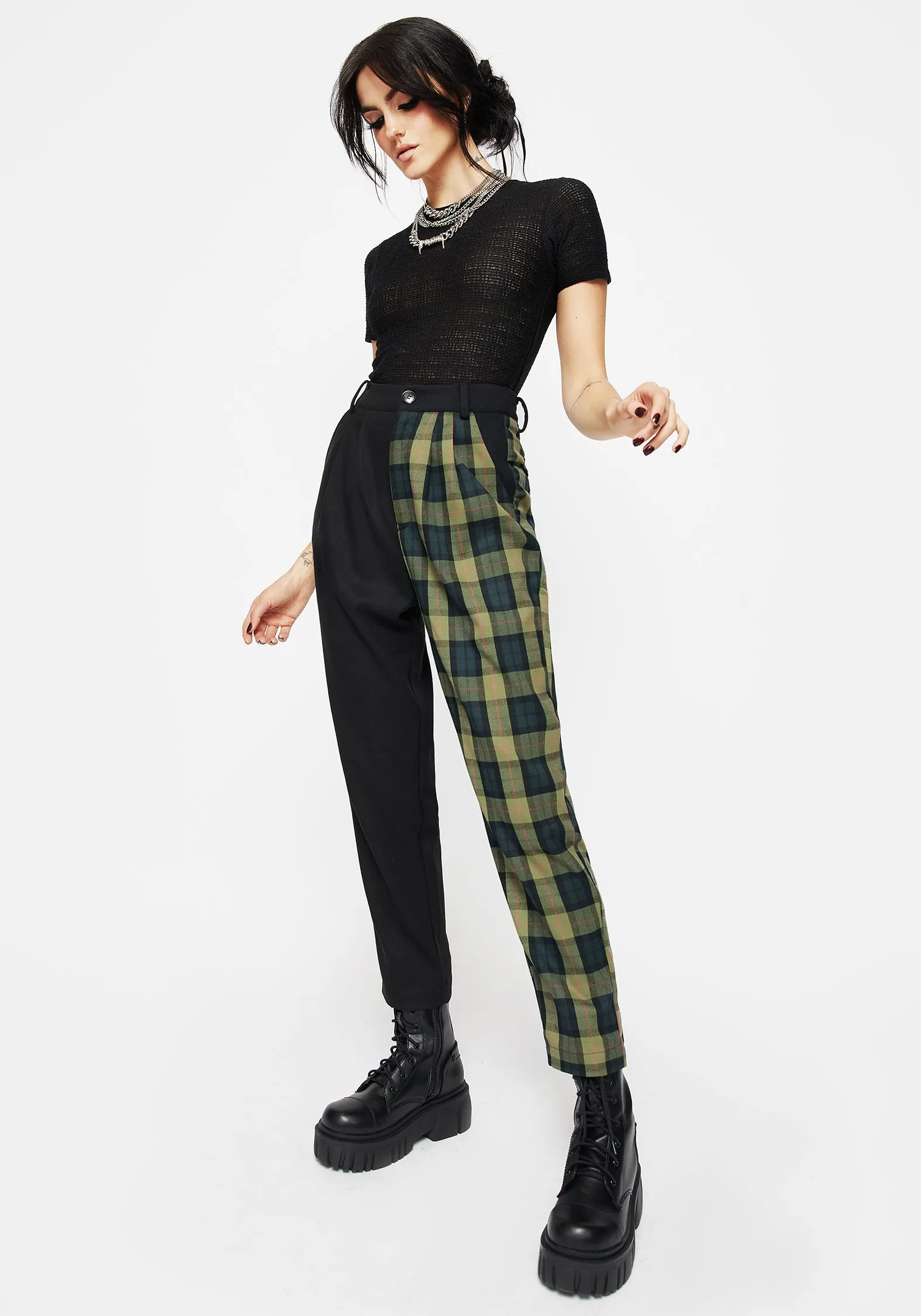 Mayflower Spliced Check High Waist Tapered Trousers sold by Disturbia
