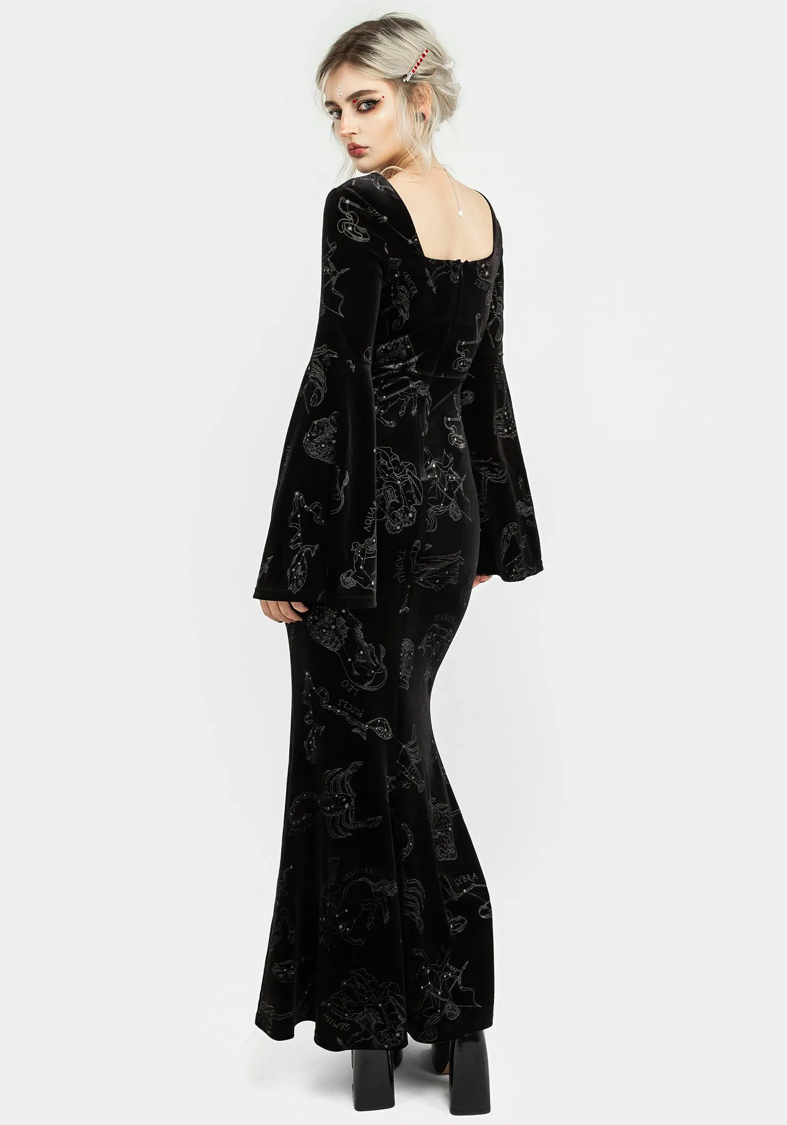 Zodiac Foil Print Velour Flute Sleeve Maxi Gown sold by Disturbia product image thumbnail 3