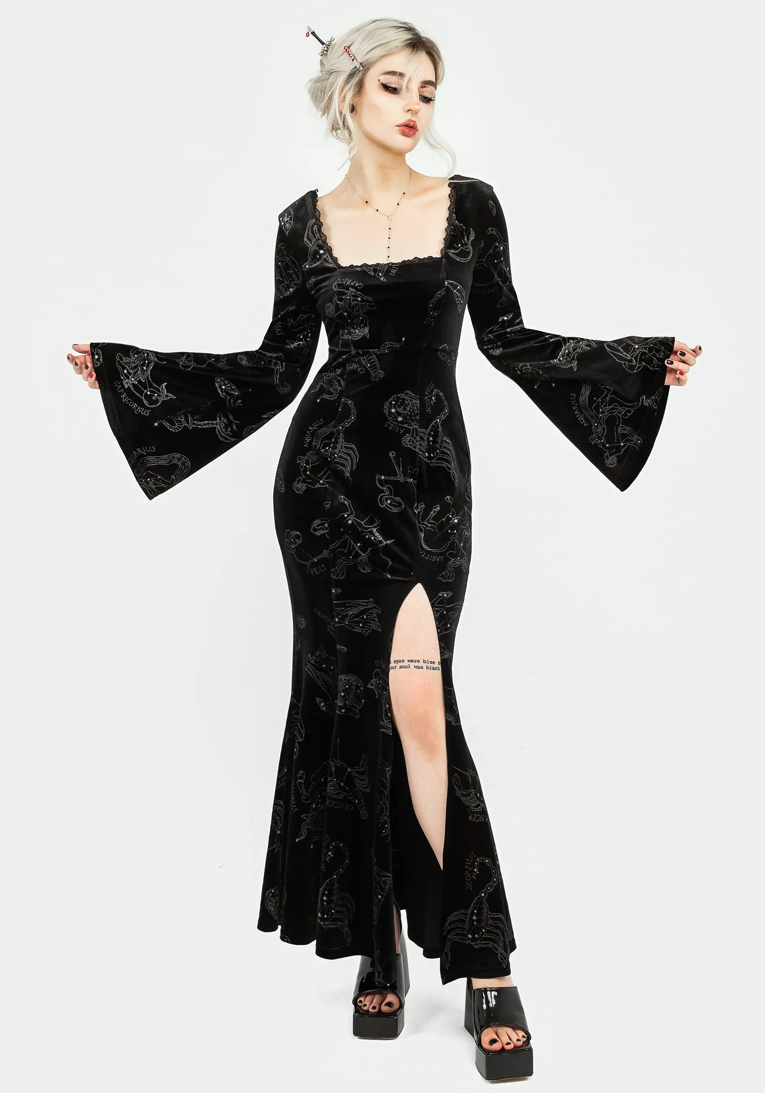 Zodiac Foil Print Velour Flute Sleeve Maxi Gown sold by Disturbia