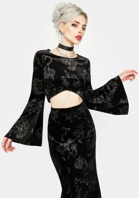 Zodiac Foil Print Flute Sleeve Crop Top sold by Disturbia