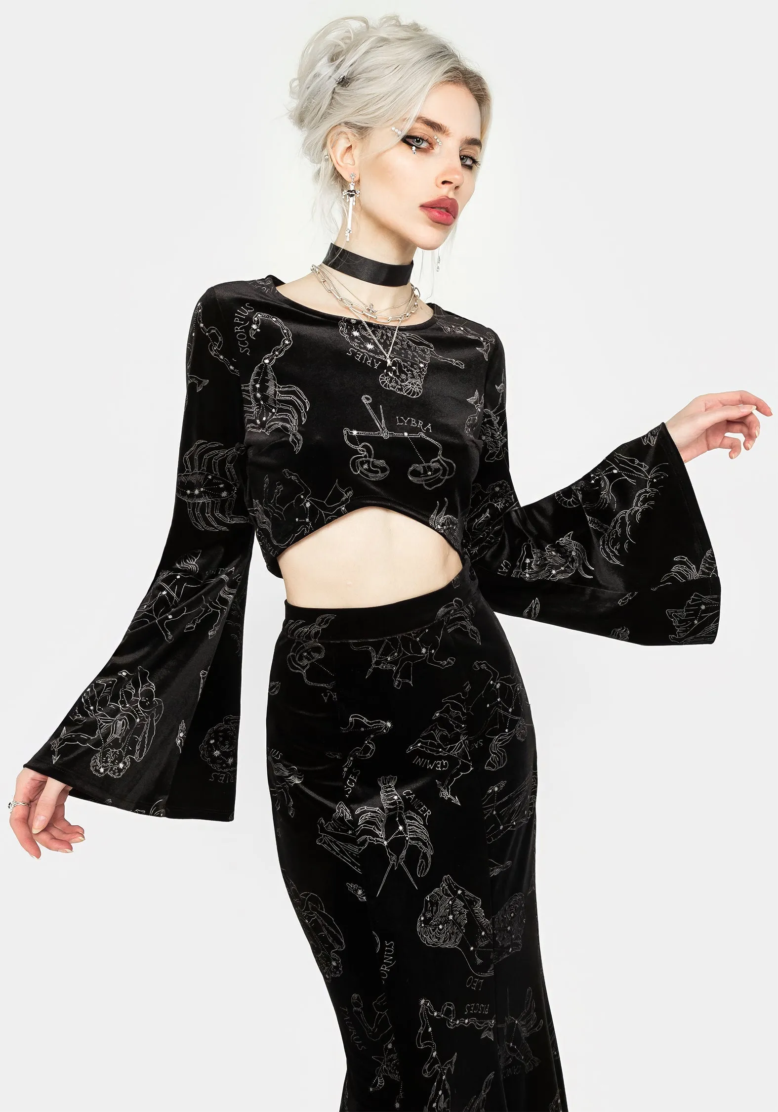 Zodiac Foil Print Flute Sleeve Crop Top sold by Disturbia