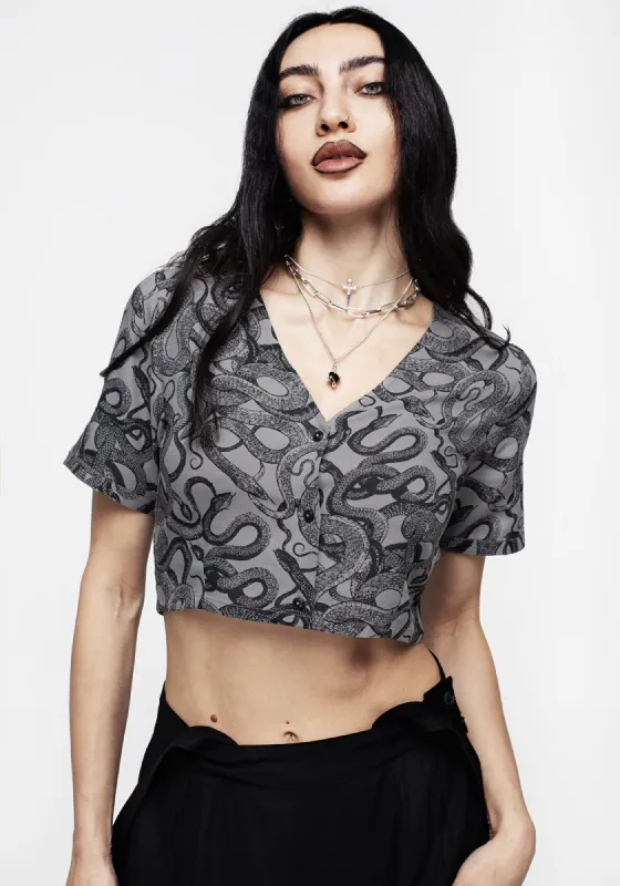Ophidia Snakes Print Button Down Crop Top - Grey sold by Disturbia