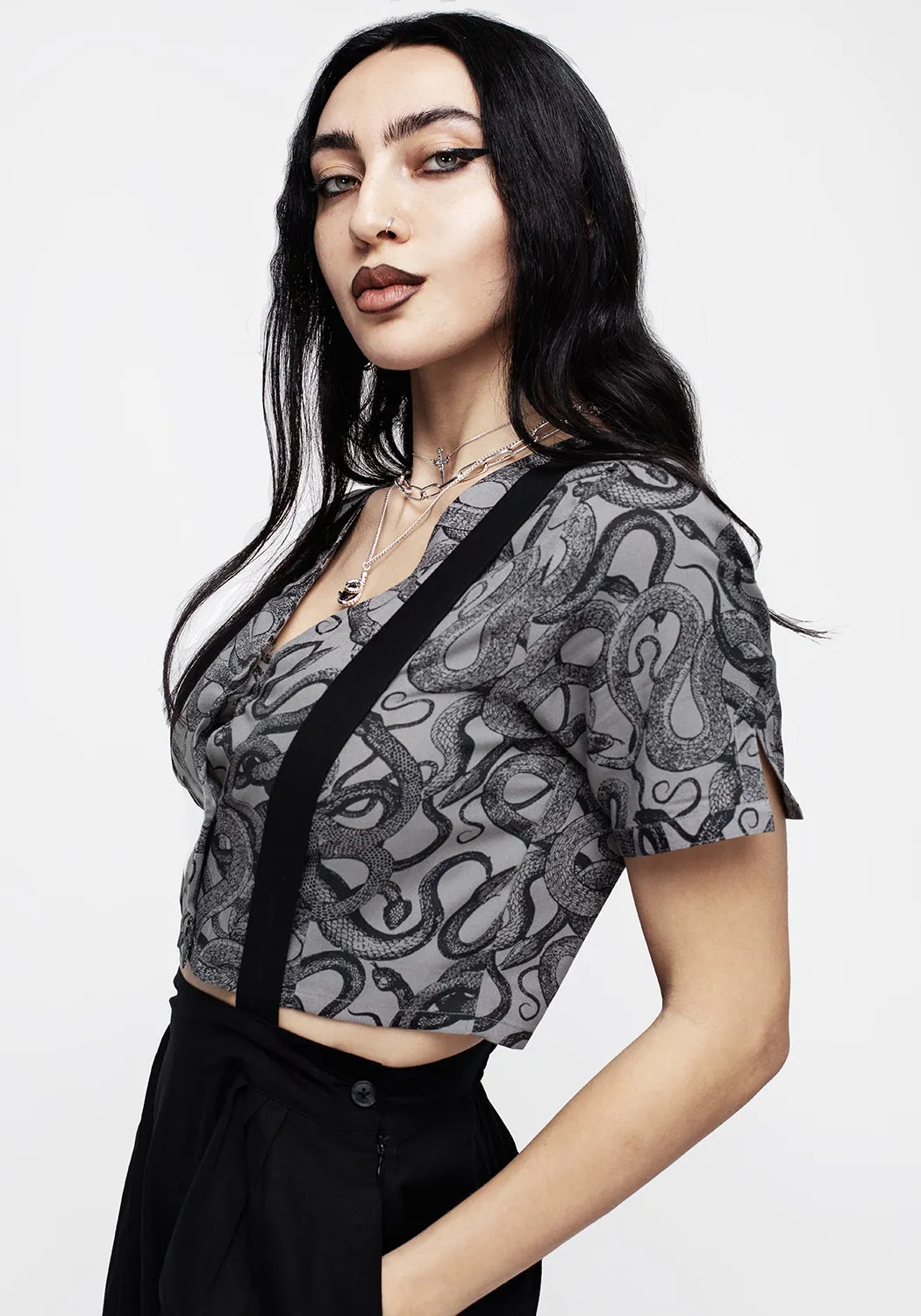 Ophidia Snakes Print Button Down Crop Top - Grey sold by Disturbia product image thumbnail 4