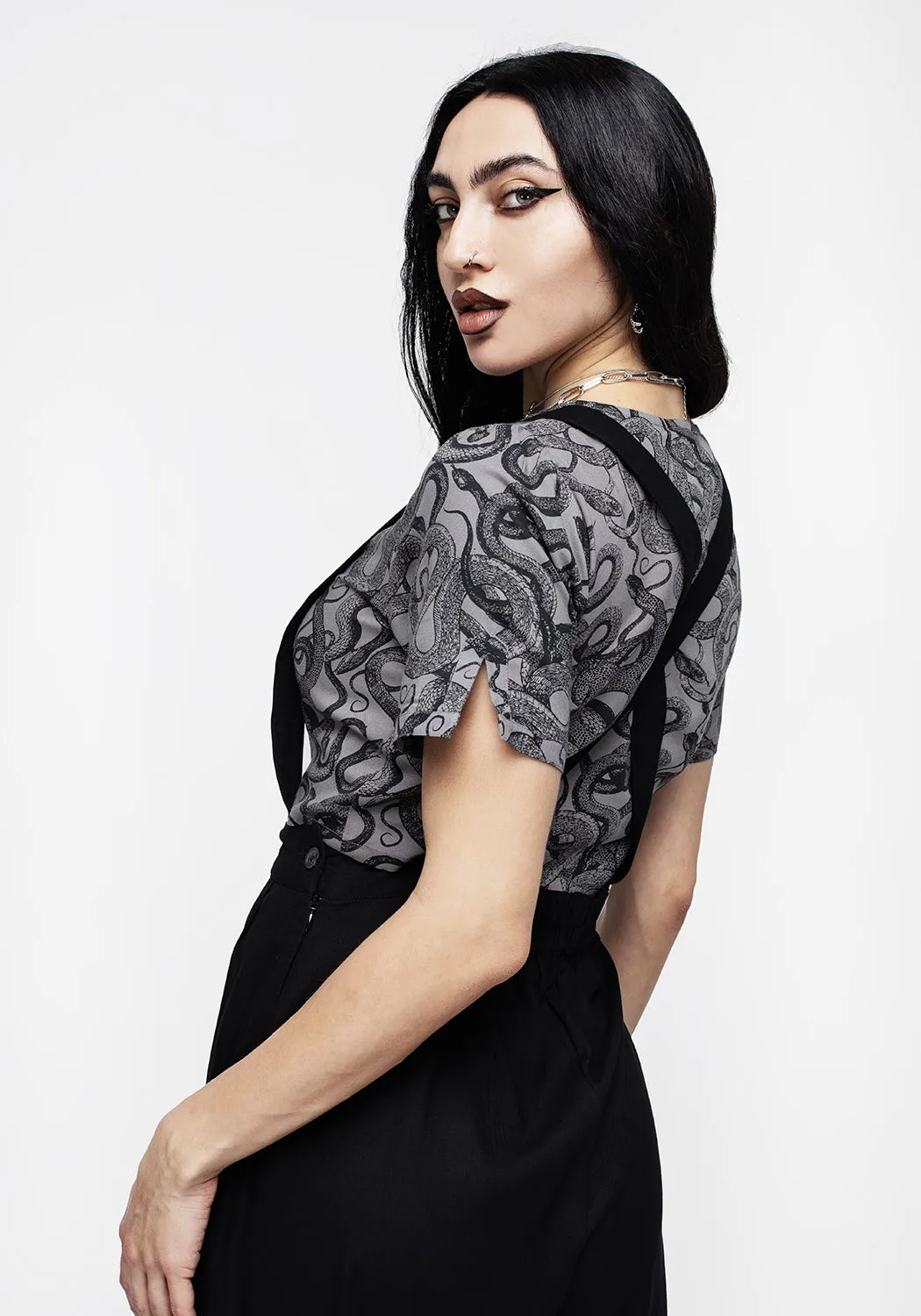 Ophidia Snakes Print Button Down Crop Top - Grey sold by Disturbia product image thumbnail 3