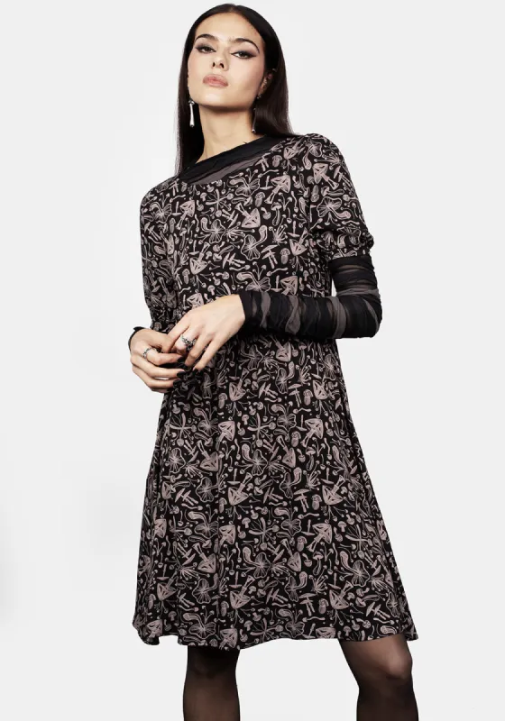 Mycophile Mushroom Print Mini Skater Dress sold by Disturbia