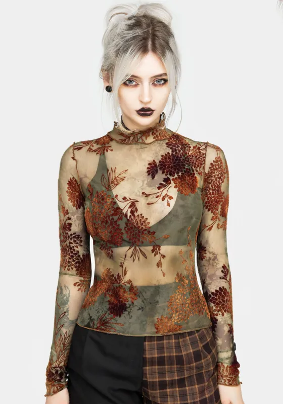 Rosaleigh Flock Velour Mesh Long Sleeve Top sold by Disturbia