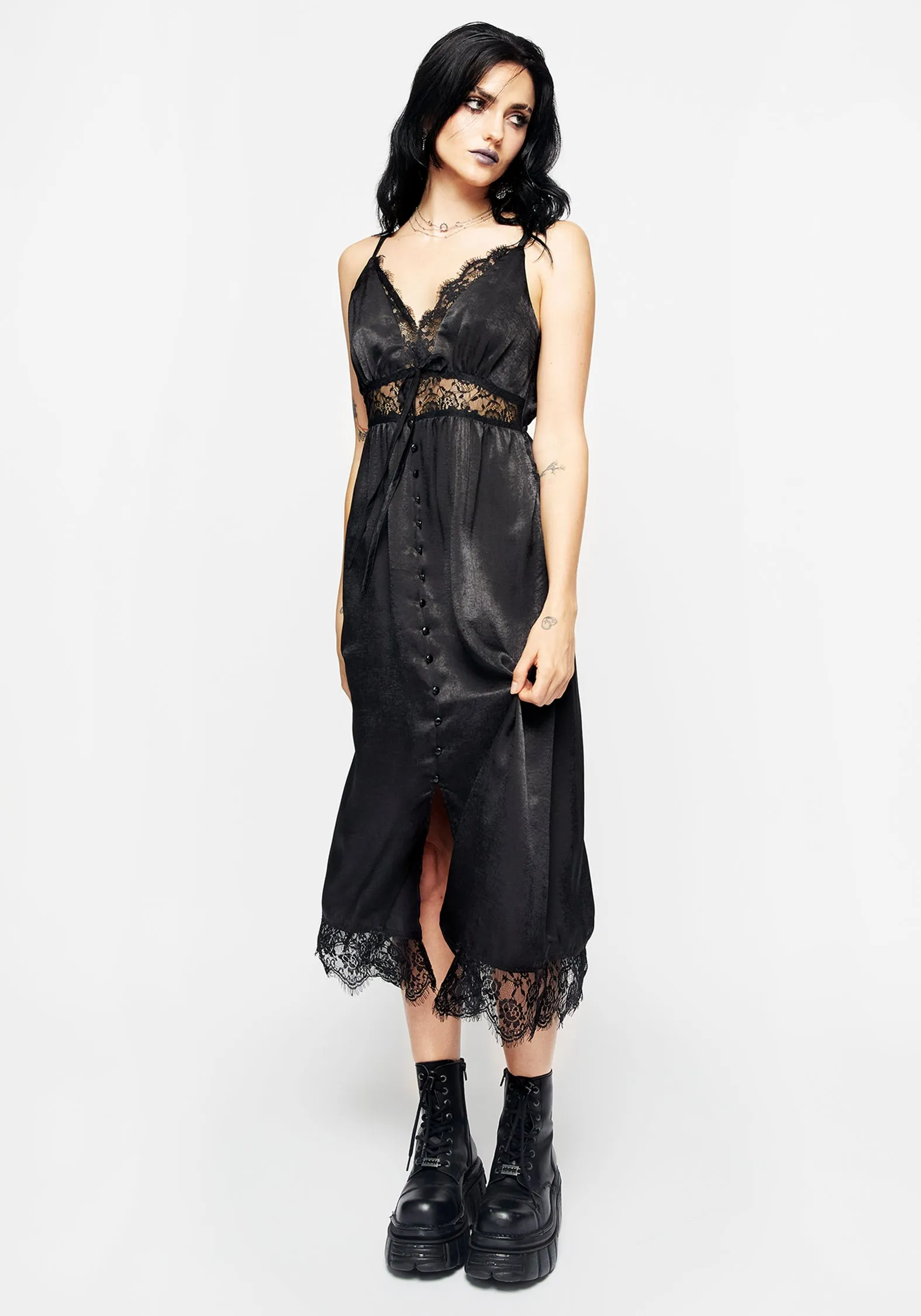 Conjure Satin Lace Trim Cami Midi Dress sold by Disturbia