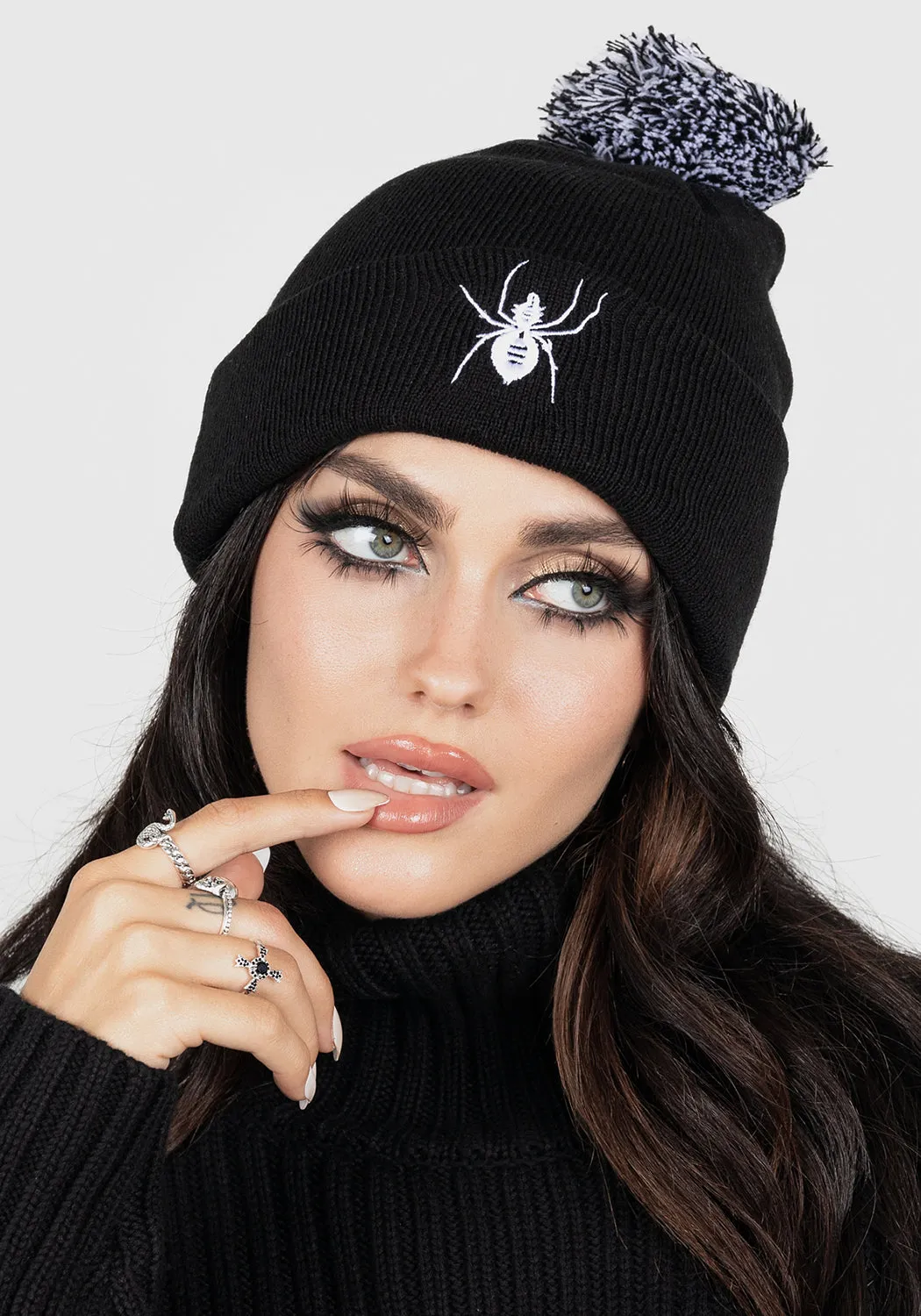 Spinneret Embroidered Pom Pom Beanie sold by Disturbia
