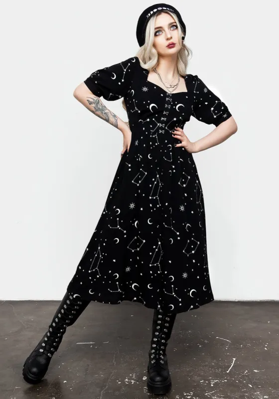 Silver Celestial Print Sweetheart Midi Dress sold by Disturbia