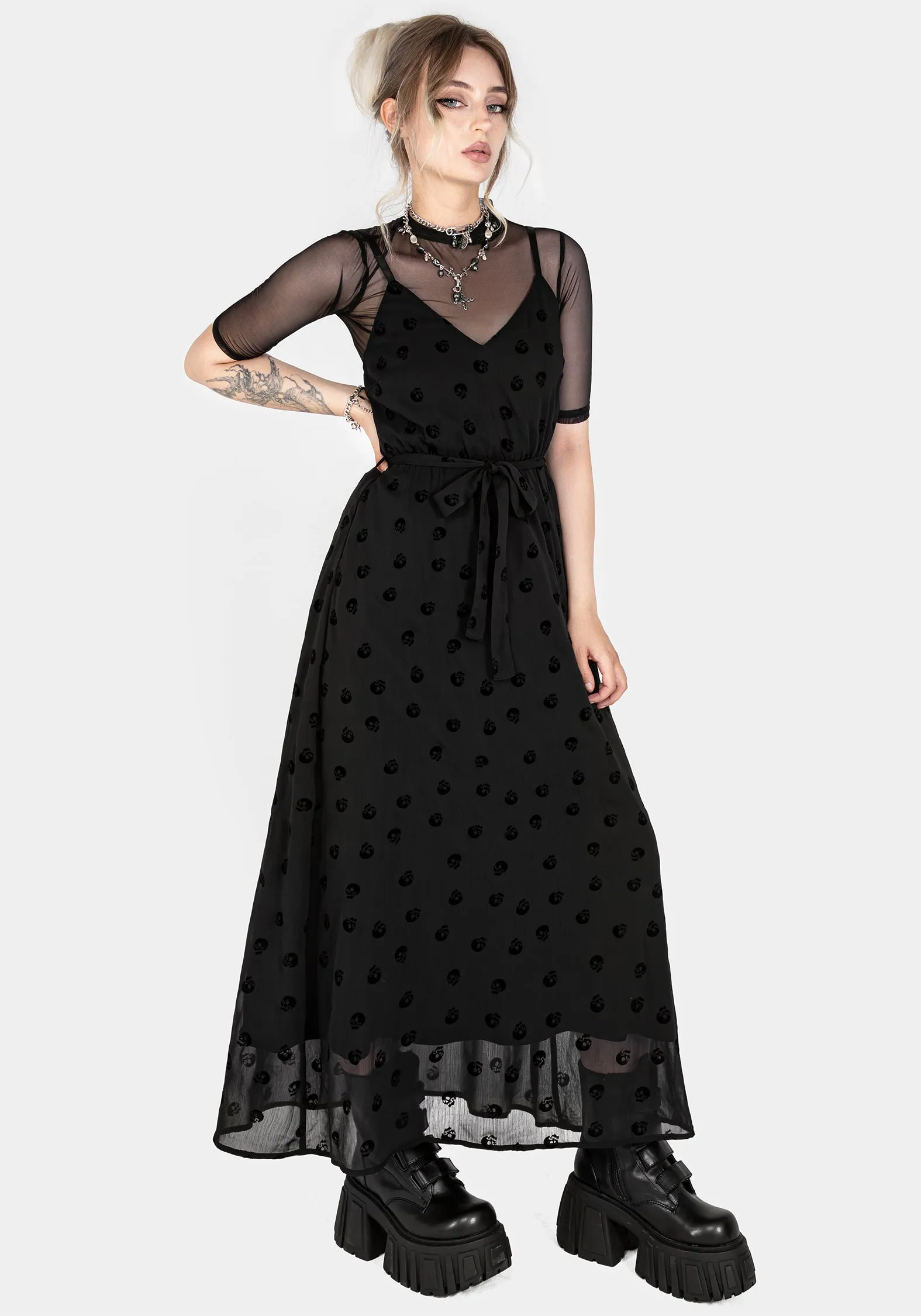 Bones Flocked Chiffon Maxi Cami Dress sold by Disturbia