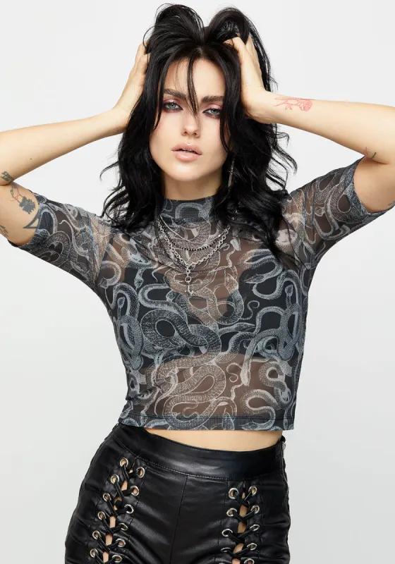 Serpente Print Mesh Short Sleeve Crop Top sold by Disturbia