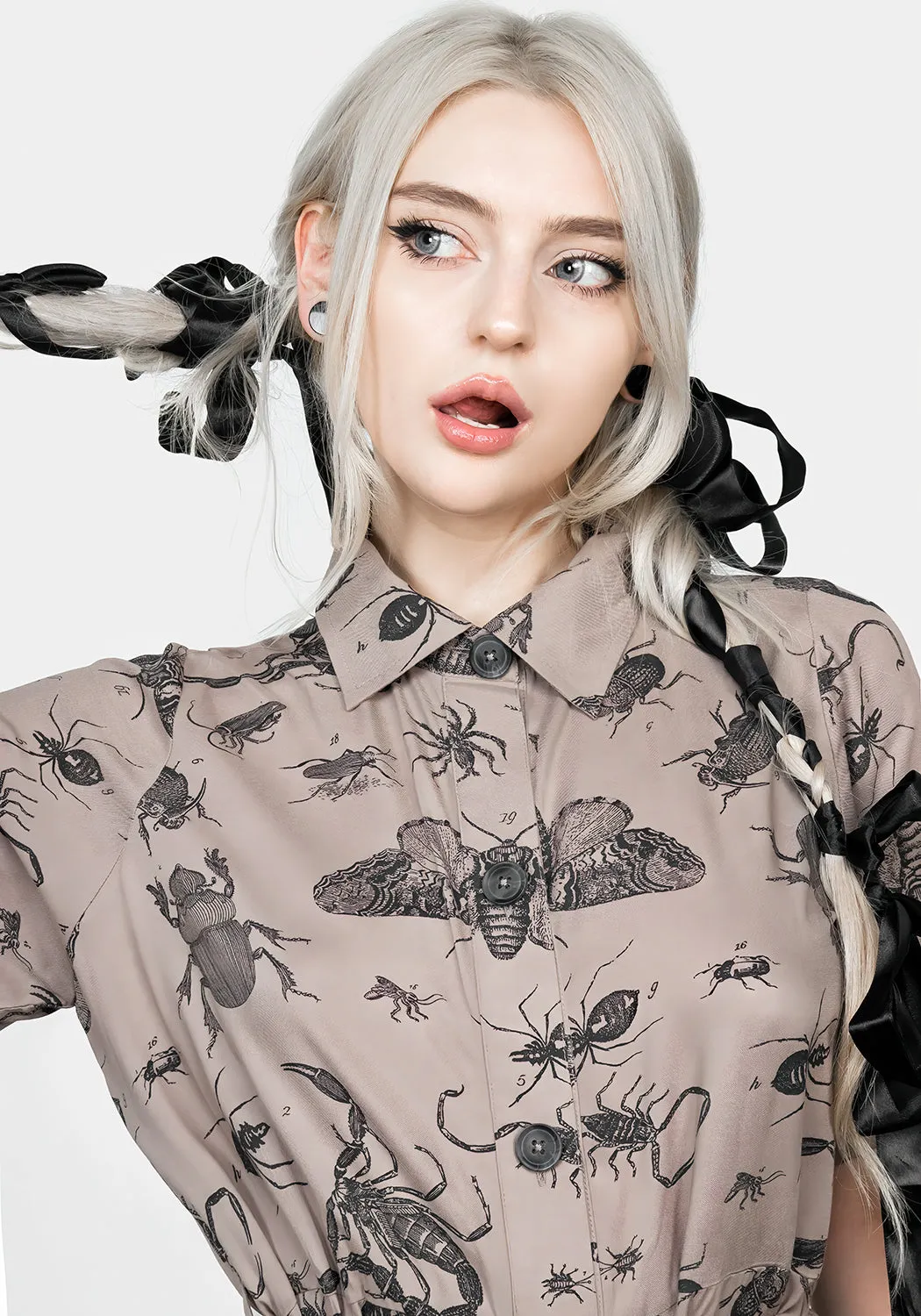 Parasite Bugs Print Midi Short Sleeve Shirt Dress - Taupe sold by Disturbia product image thumbnail 5
