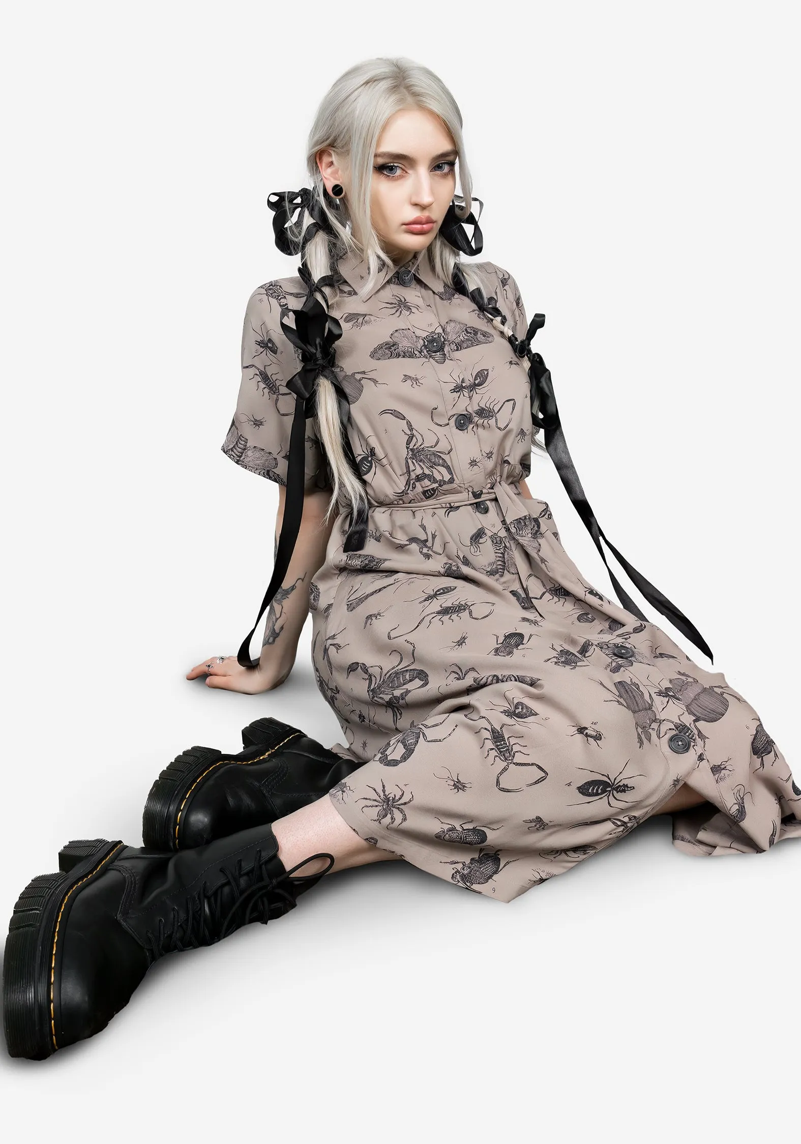 Parasite Bugs Print Midi Short Sleeve Shirt Dress - Taupe sold by Disturbia product image thumbnail 4
