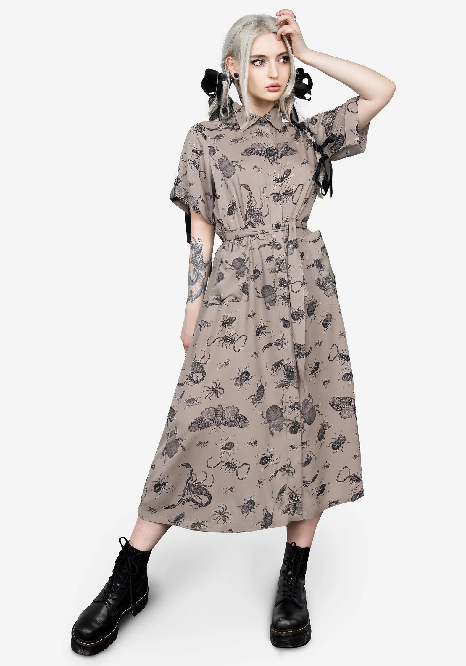 Parasite Bugs Print Midi Short Sleeve Shirt Dress - Taupe sold by Disturbia