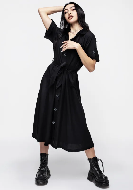 Maidenhair Midi Short Sleeve Shirt Dress - Midnight Black sold by Disturbia