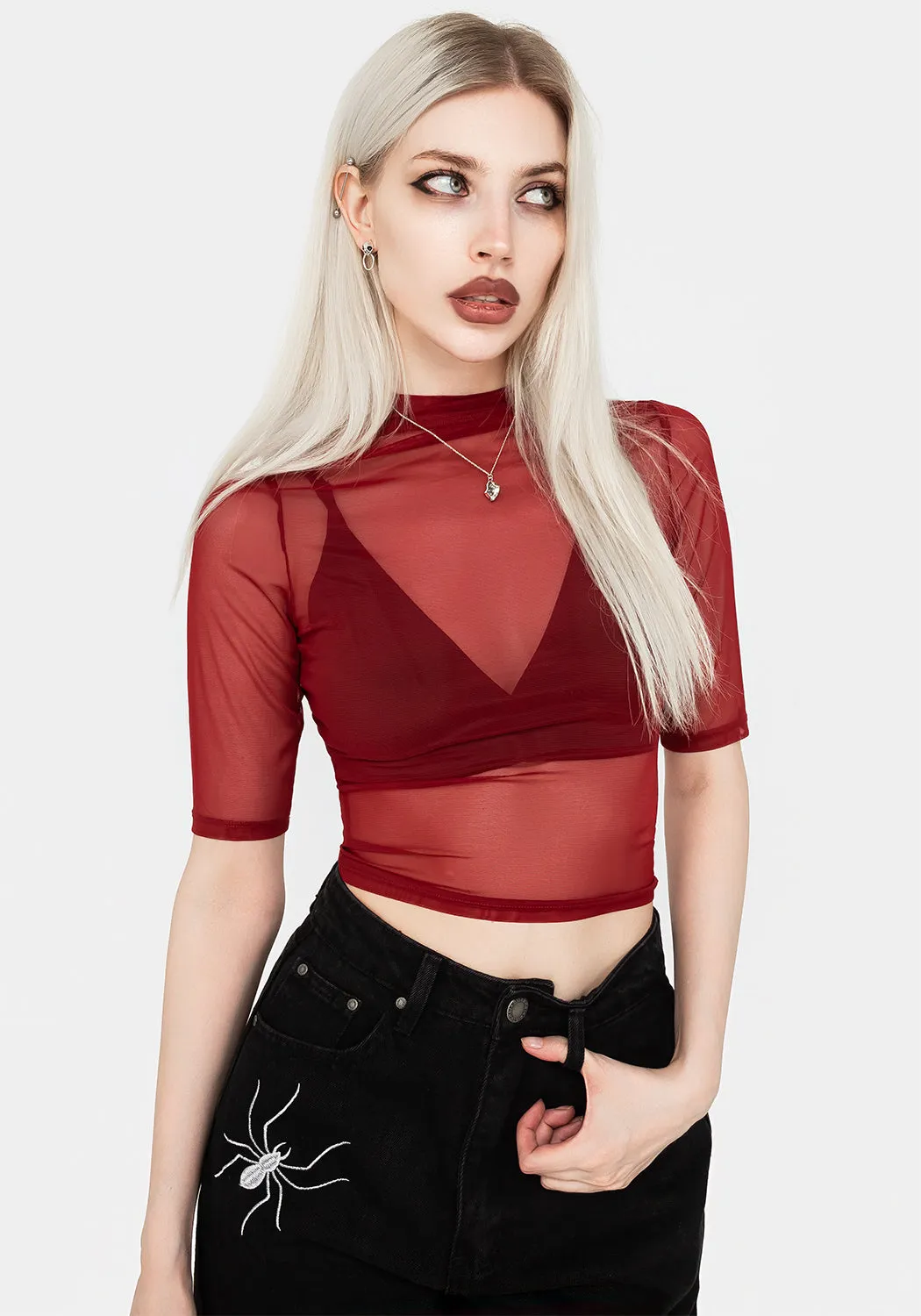 Jinx Mesh Short Sleeve Top - Red sold by Disturbia