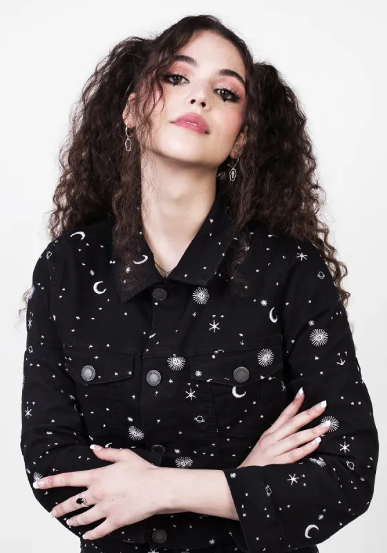 CELESTIAL EMBROIDERED DENIM JACKET sold by Disturbia