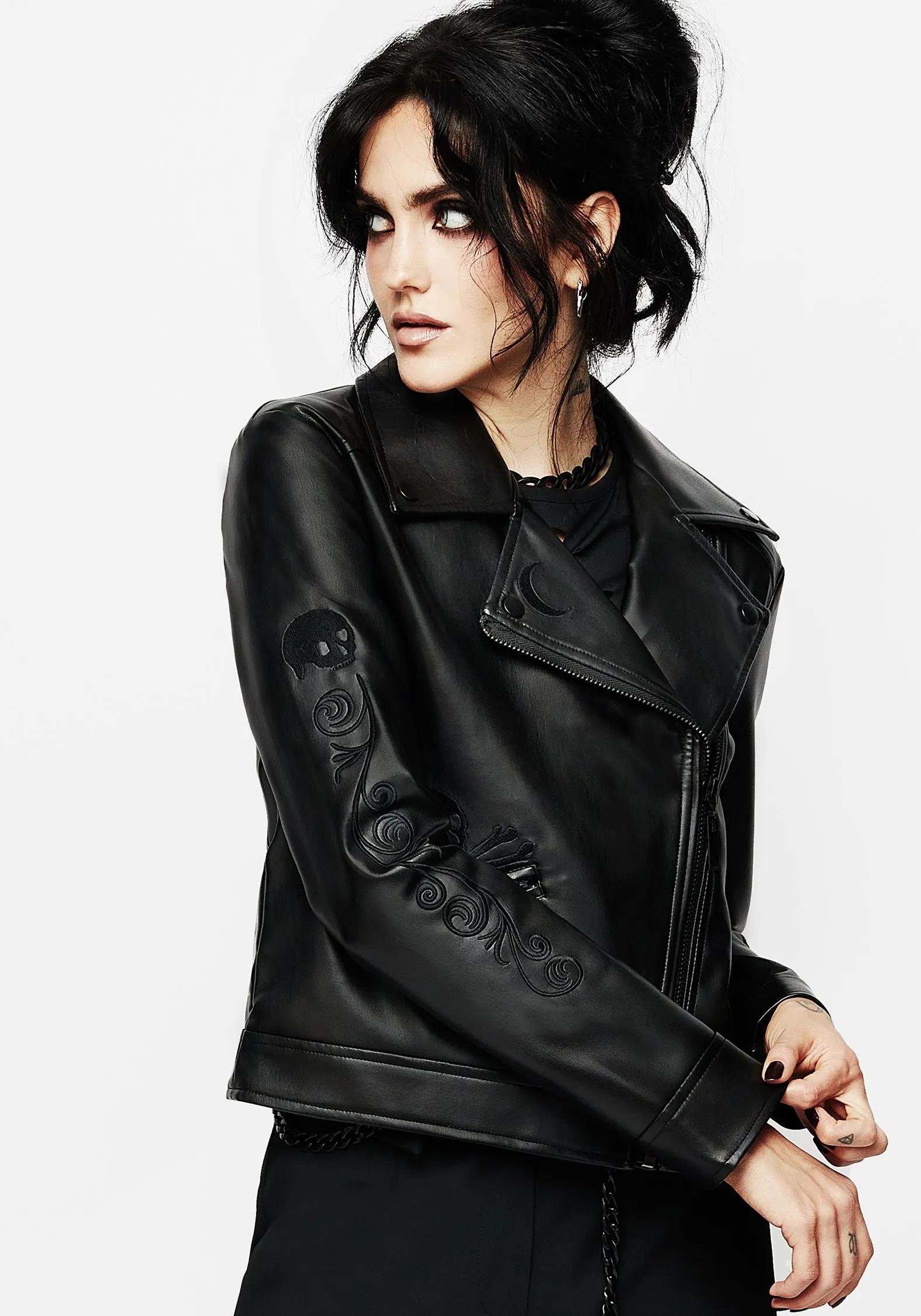 Mori Embroidered Faux Leather Jacket sold by Disturbia