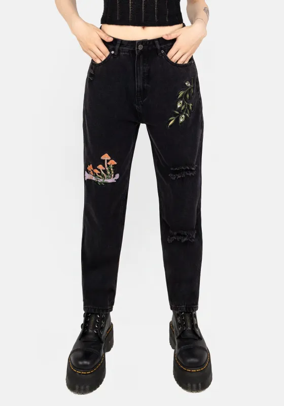 Swamplife Frog Embroidered Distressed Mom Jeans sold by Disturbia