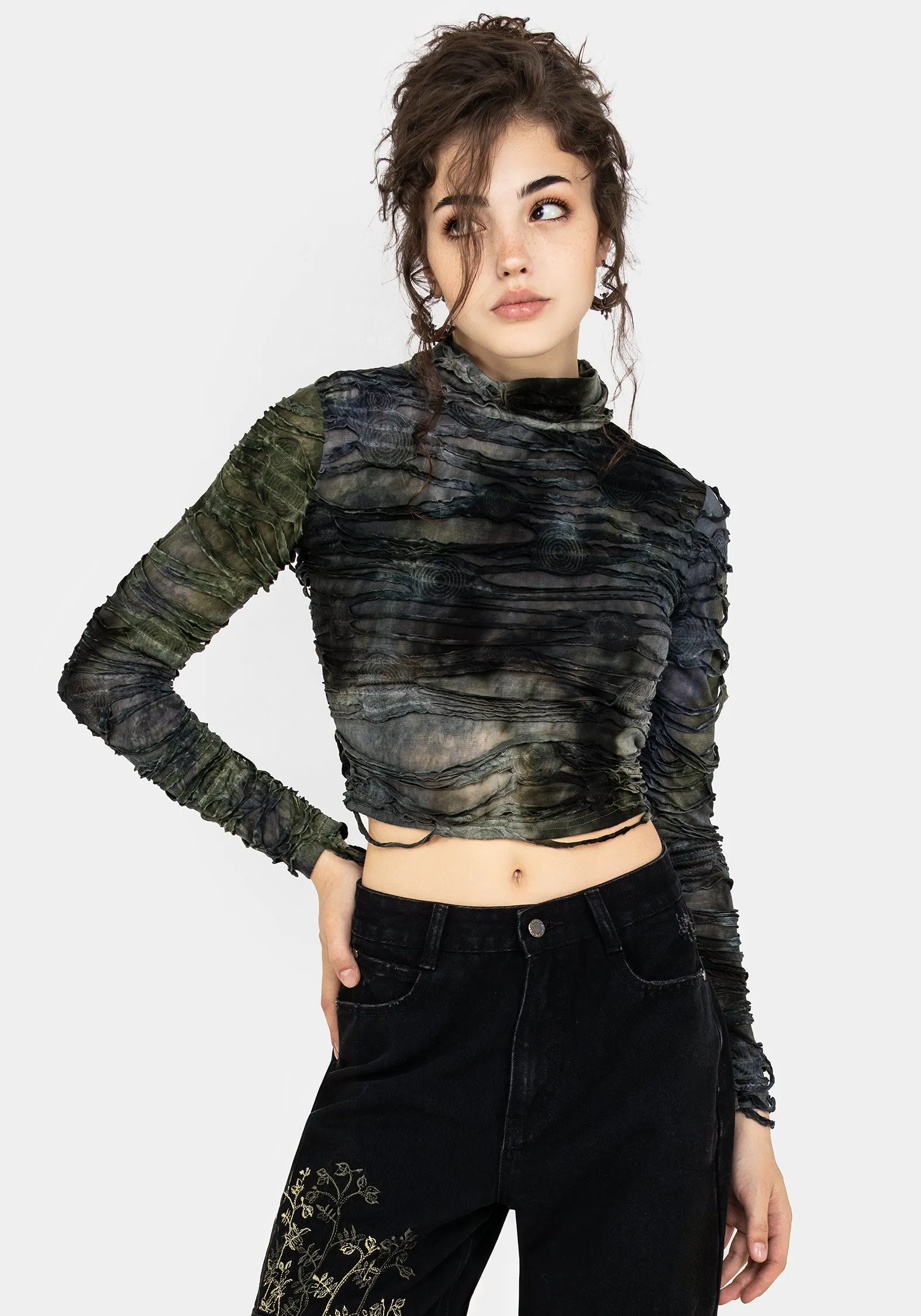 Chlorella Distressed Long Sleeve Top sold by Disturbia