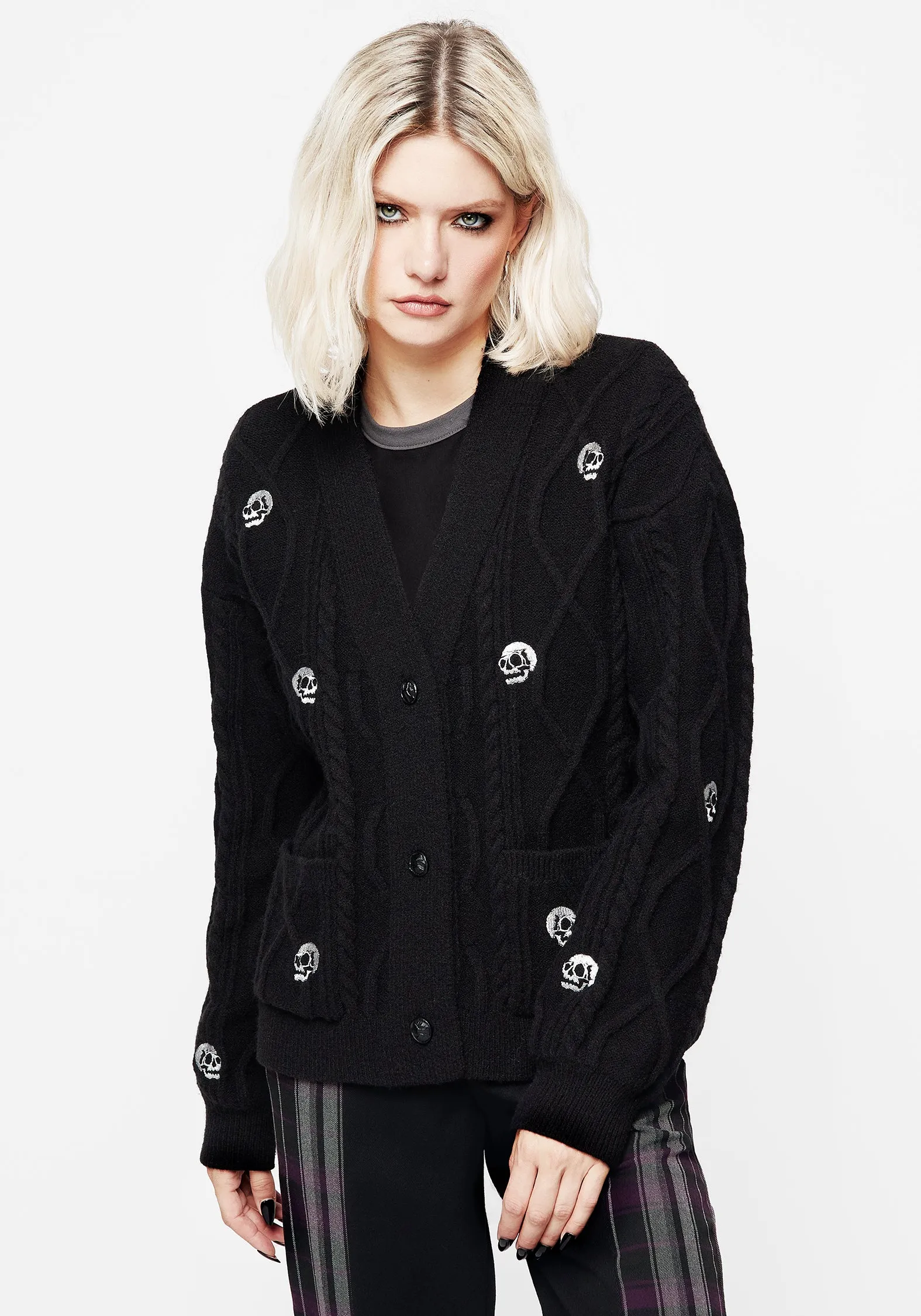 Bones Embroidered Cable Knit Cardigan sold by Disturbia