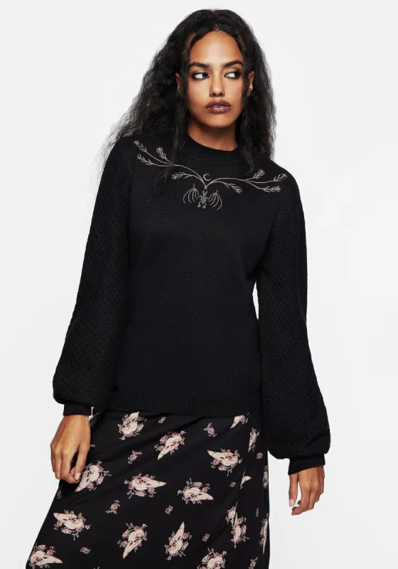 Spectral Bat Embroidered Balloon Sleeve Jumper sold by Disturbia