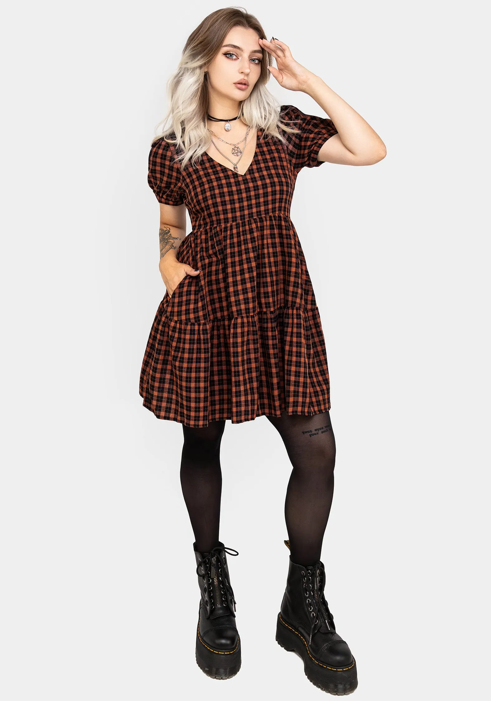 Terra Check Mini Smock Dress - Orange sold by Disturbia