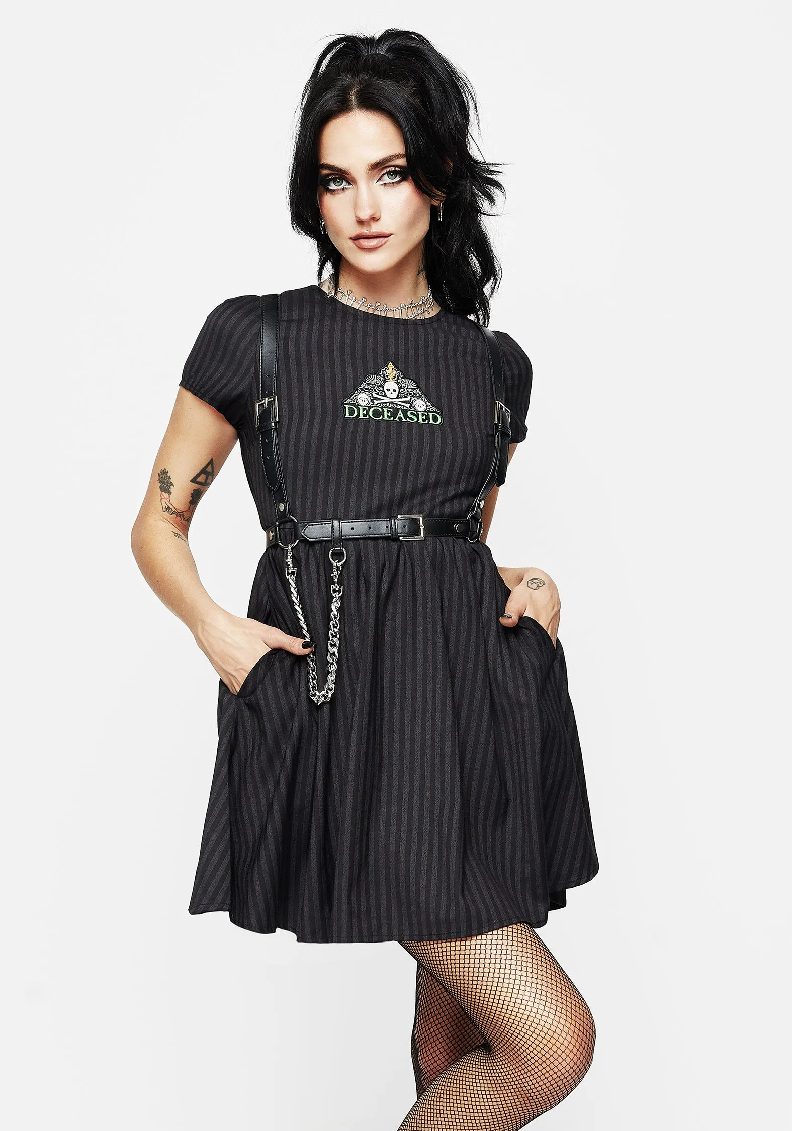 Deceased Embroidered Striped Mini Skater Dress sold by Disturbia
