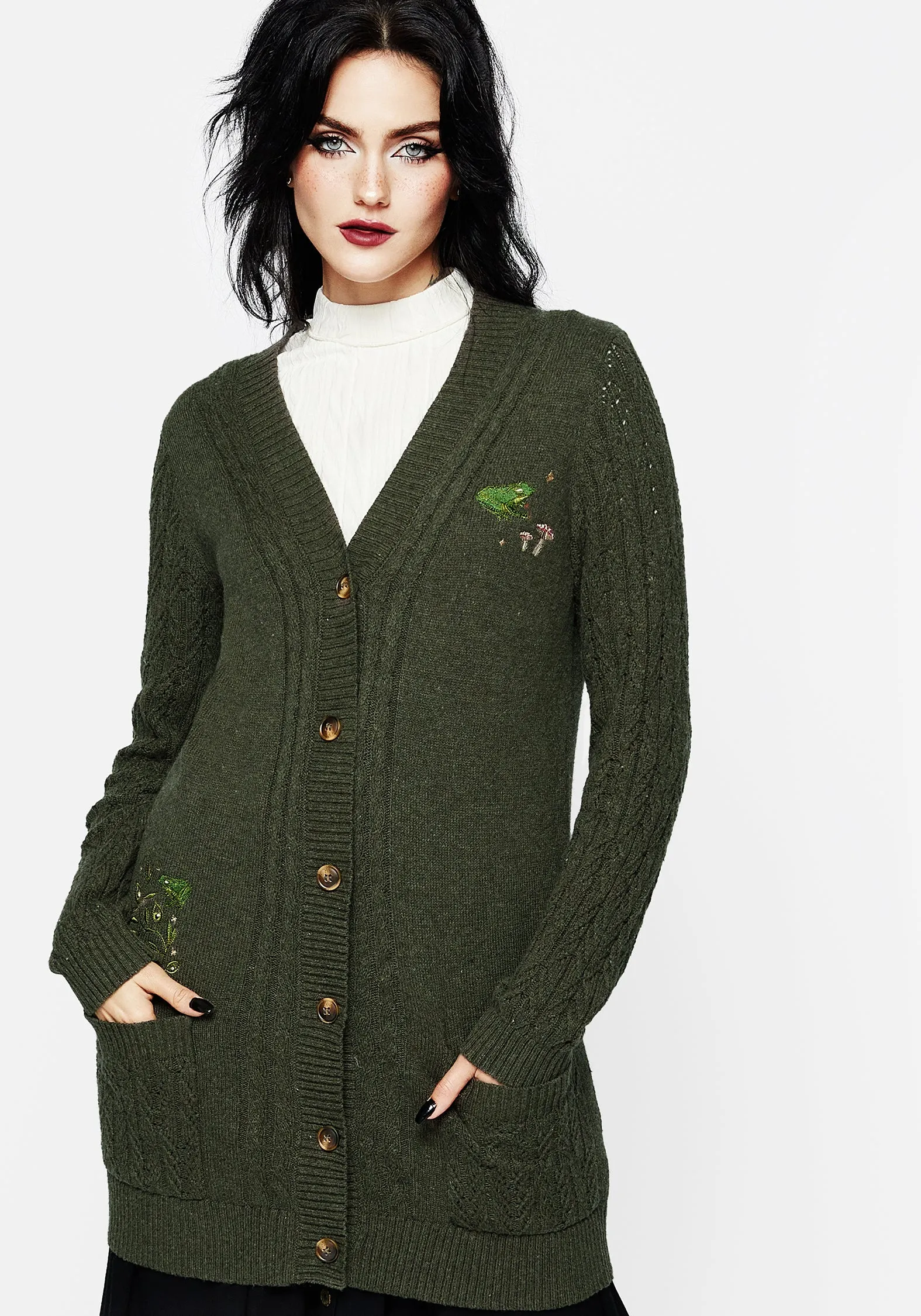 Swamplife Embroidered Cable Knit Longline Cardigan sold by Disturbia