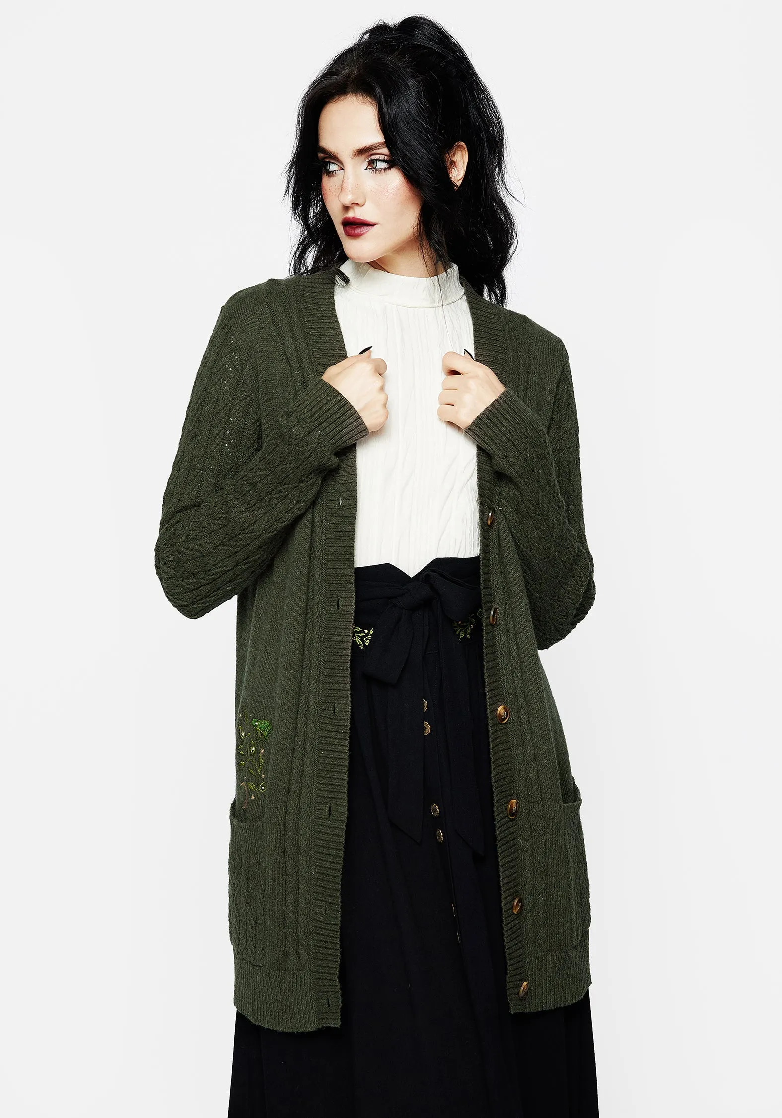 Swamplife Embroidered Cable Knit Longline Cardigan sold by Disturbia product image thumbnail 4