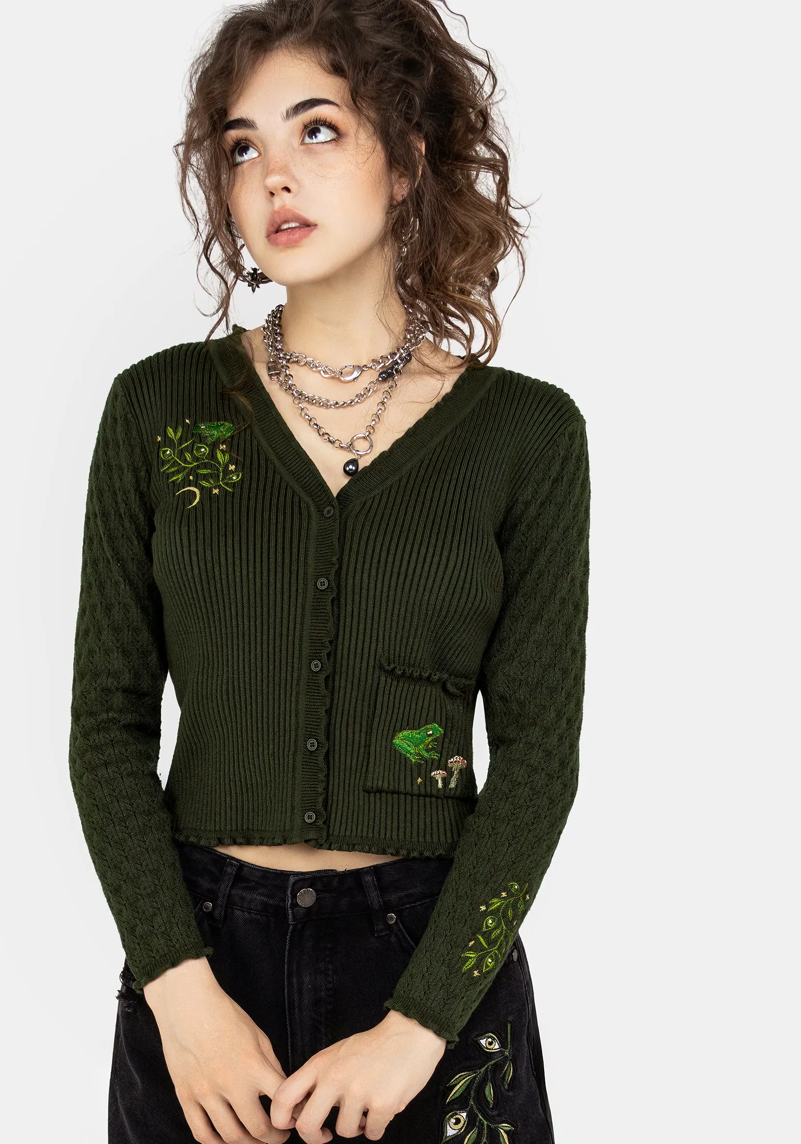 Swamplife Embroidered Pointelle Knit Crop Cardigan sold by Disturbia
