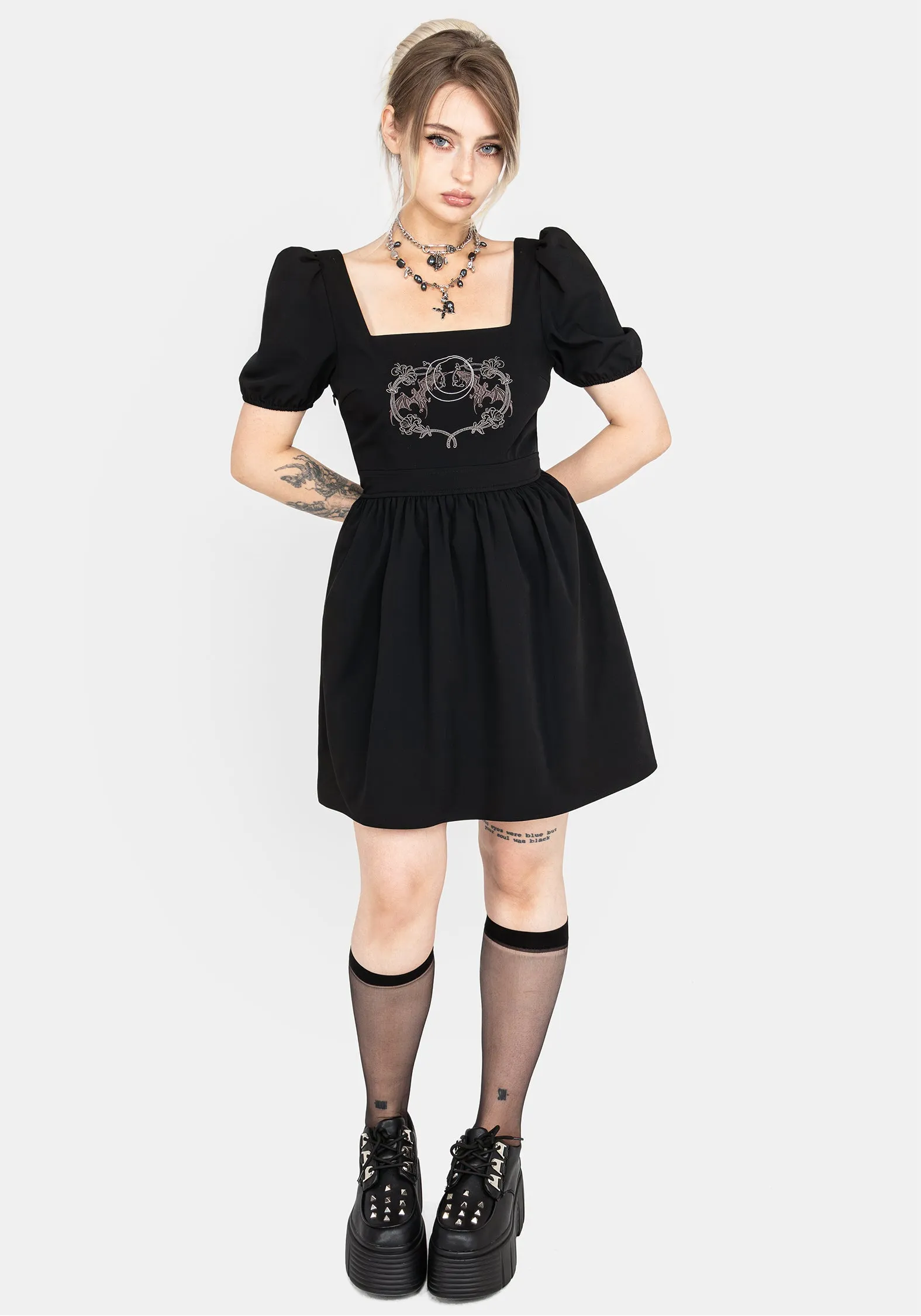 Vampyrum Bat Embroidered Puff Sleeve Mini Dress sold by Disturbia
