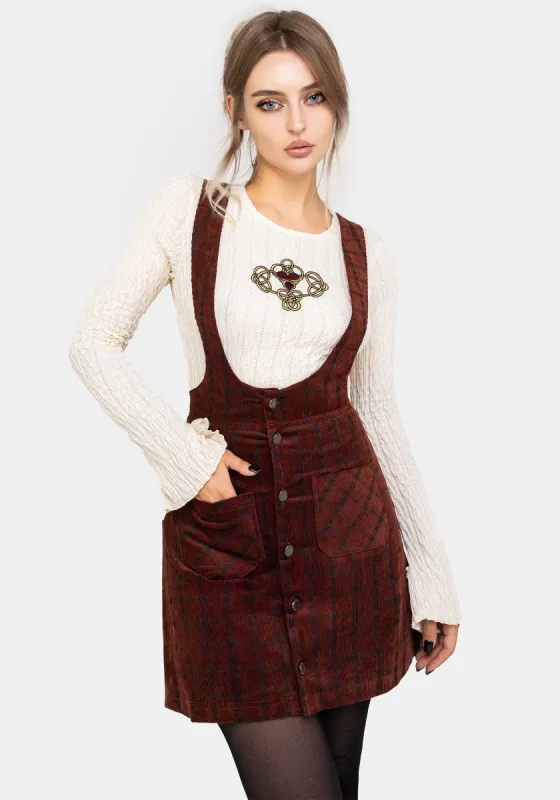Terracotta Check Cord Mini Pinafore Skirt sold by Disturbia