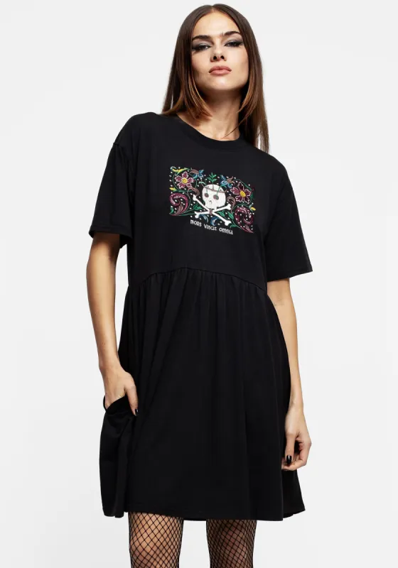 Death Conquers All Floral Skull Embroidered Mini Skater Dress sold by Disturbia