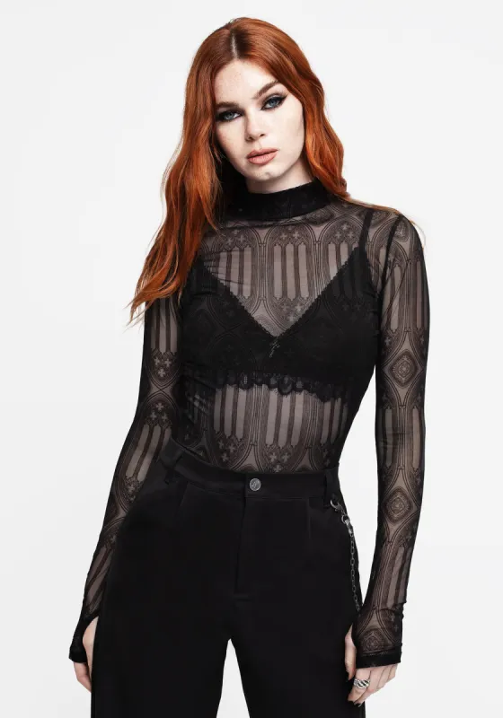 Cloister Flocked Mesh High Neck Long Sleeve Top sold by Disturbia