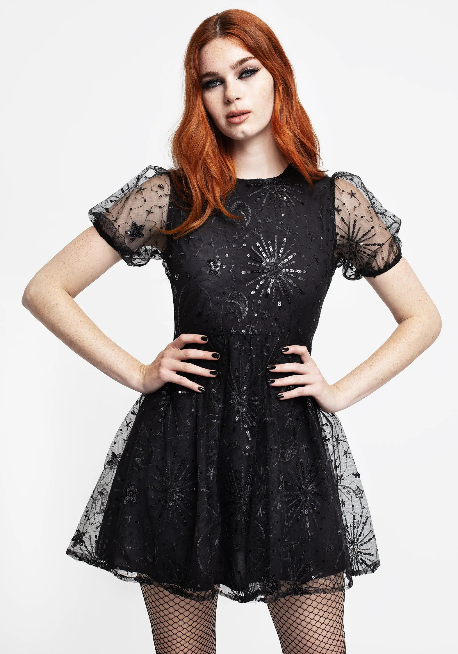 Sirius Sequined Puff Sleeve Mini Dress sold by Disturbia
