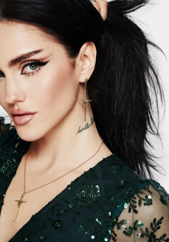 Galatine Green Stone Sword Earrings - Gold sold by Disturbia