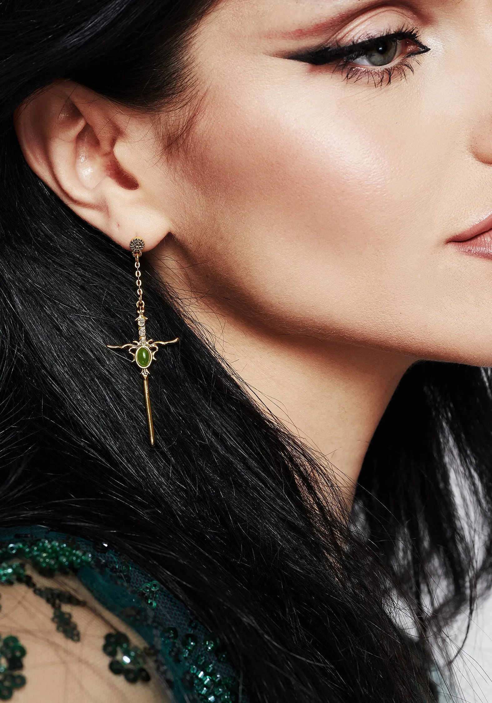 Galatine Green Stone Sword Earrings - Gold sold by Disturbia product image thumbnail 4