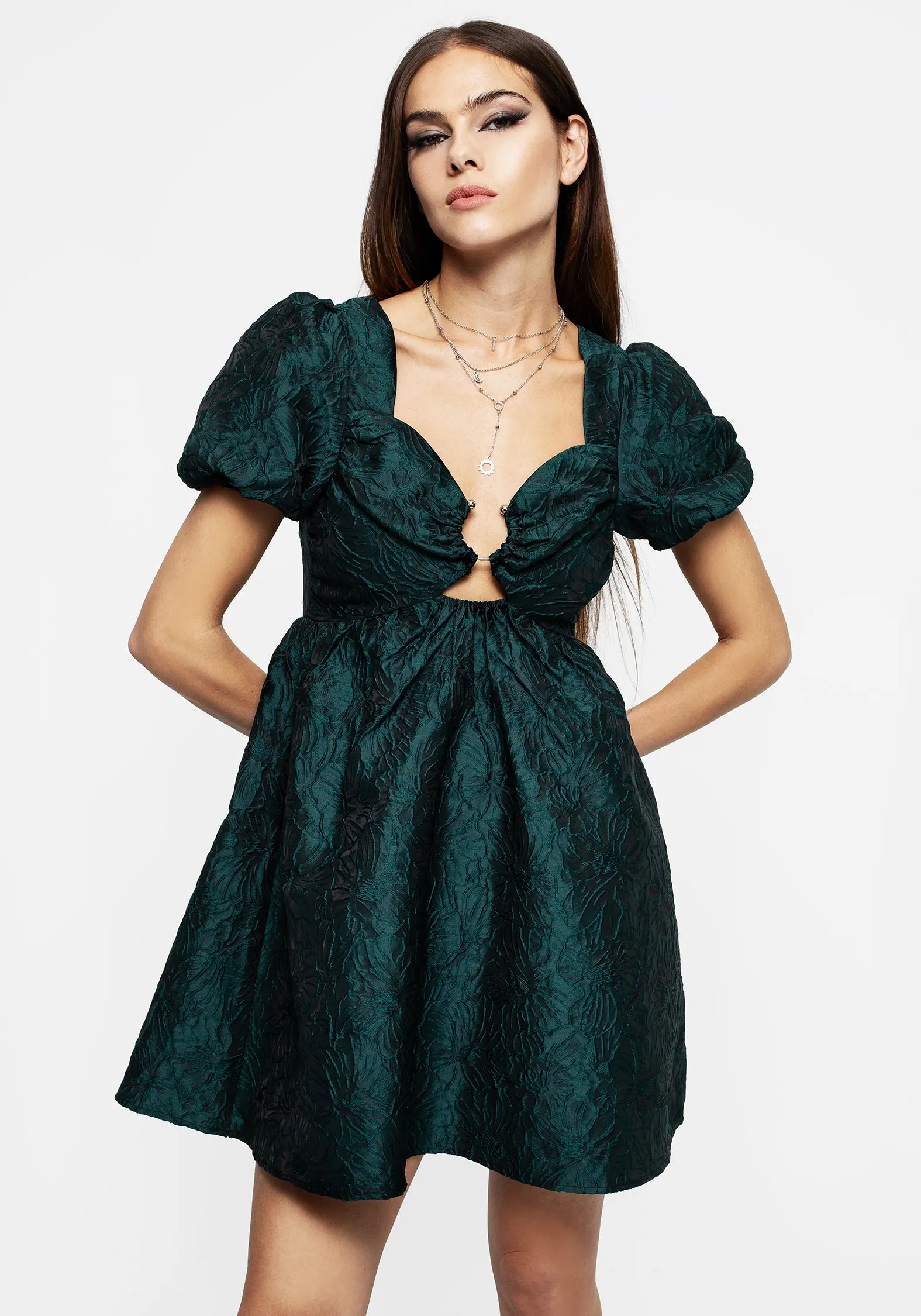 Tiffany Jacquard Puff Sleeve Mini Dress - Green sold by Disturbia