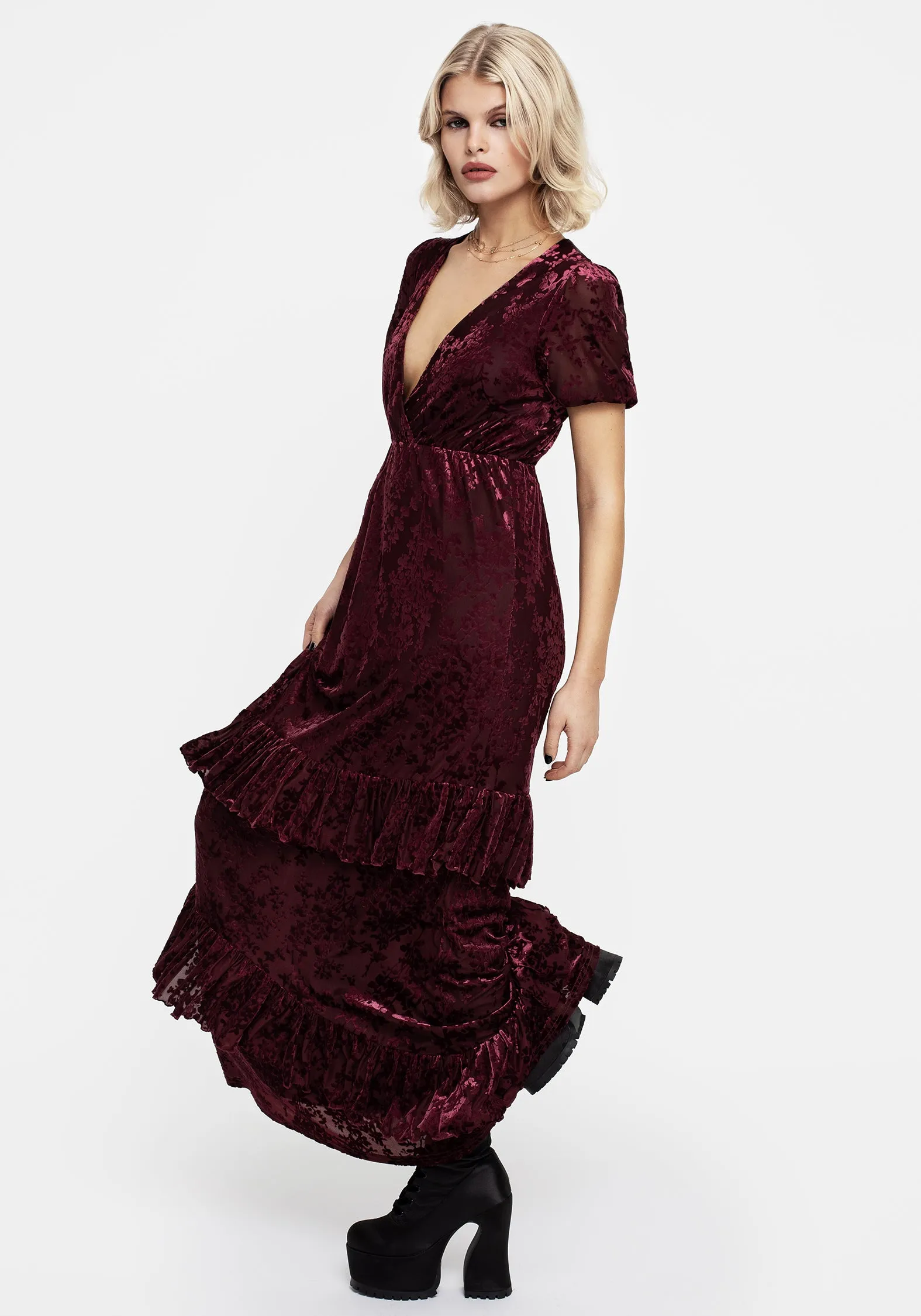 Monotropa Floral Flocked Velour Frill Midaxi Dress sold by Disturbia product image thumbnail 4