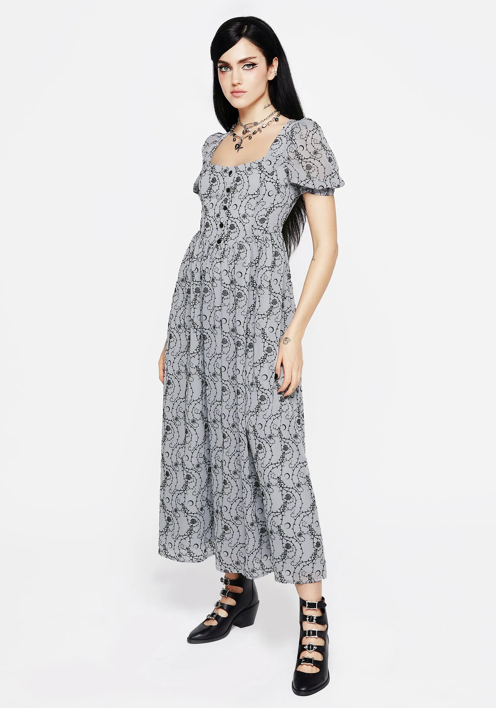 Rosethorn Flocked Velour Puff Sleeve Midaxi Dress - Blue sold by Disturbia product image thumbnail 4